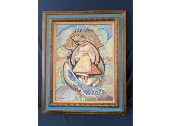 Colorful Edward Kozak Signed 3-D Painting Young Woman And Peacock