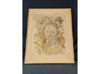 Vintage Modernist Alfred Birdsey Watercolor Young Woman In Flowers