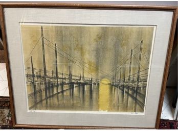 Listed Artist Richard Florsheim . Colored Signed Lithograph . Sunset Bridge 1950-60s