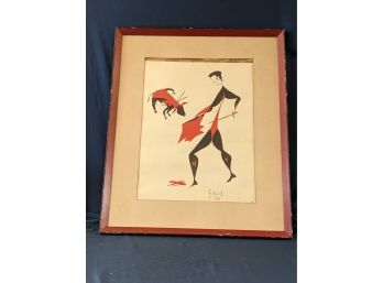 Signed And Dated 'Gildas S. 1957' Painting Of Bullfighting / Matador And Bull