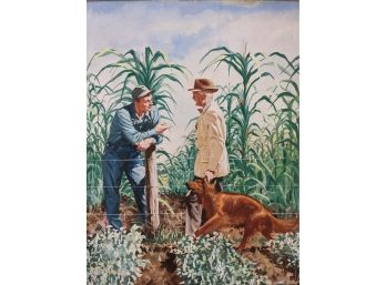 Well Done Original 1940s (?) Illustration Farmer, Hunter, And Irish Setter