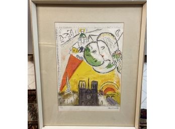 Marc Chagall  Le Dimanche . Colored Lithograph. Signed .  Redfern Gallery Label . Bond St. London.