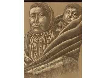 Signed Tom Thompson '99 Charcoal Drawing / Sketch Of Native First Nation Parent And Child
