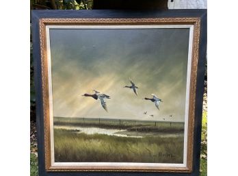 Very Large Oil On Canvas .M.Cooper Geese In Flight Marsh Scene . 44x45 Frames 36x36 Inmage Size