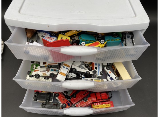 Three Storage Drawers Full Of Matchbox Cars & Action Figures