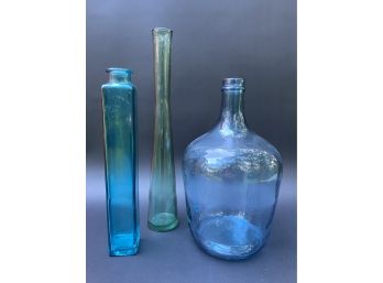 Three Tinted Glass Bottles, Blue & Green