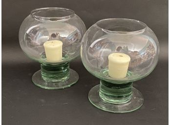 Contemporary Green Glass Hurricane Candle Holders