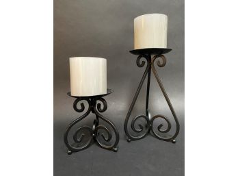 Scrolled Black Metal Candle Holders & Pottery Barn Candles
