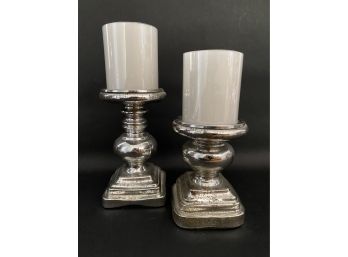 A Pair Of Mercury Glass Candlesticks By Pottery Barn