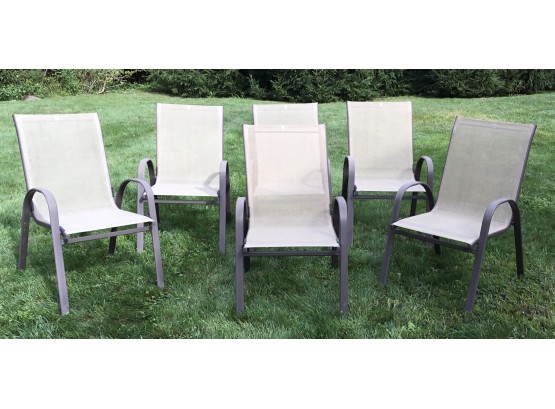 6 Slingback Metal Outdoor Stacking Chairs.