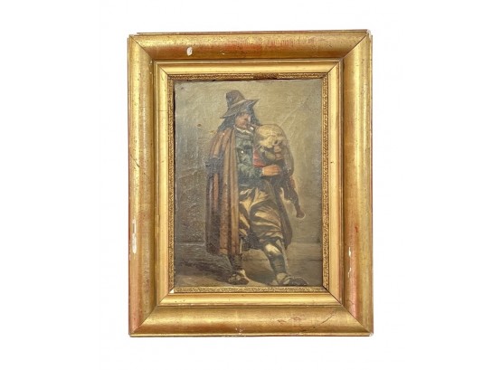 Antique European Oil On Canvas Of Man Playing Bagpipe