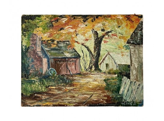 Vintage Rural Landscape Painting Signed Illegibly Dated 1954