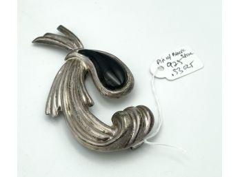 Vintage Sterling Silver And Onyx Brooch Made In Mexico