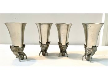 Set Of Four Metal & Pewter Elephant Stirrup Cups From Thailand