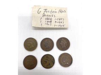Rare Lot Of 6 Vintage Indian Head Pennies - Years Ranging From 1886 - 1905