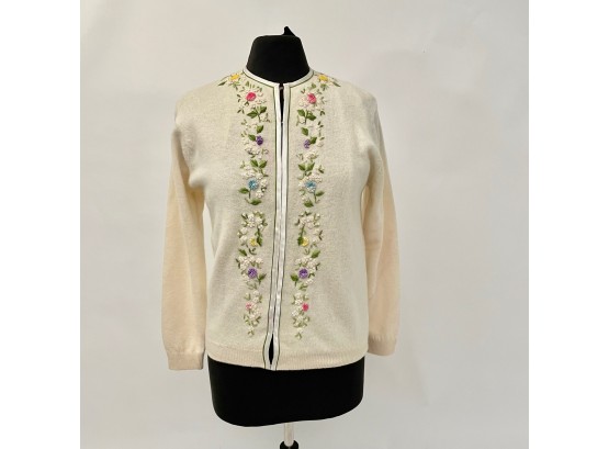 A Vintage Lambswool And Angora Embroidered Cardigan From Bermuda - Classic, Sz 38