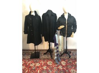 Ralph Lauren, DKNY, Clavin Klein Etc. Winter Coats And Scarves! Approx Sz L, Incl. Cashmere
