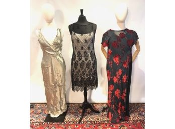3 Evening Dresses, Elegance And Bold Design, Amazing Detailing. Approx Sz M