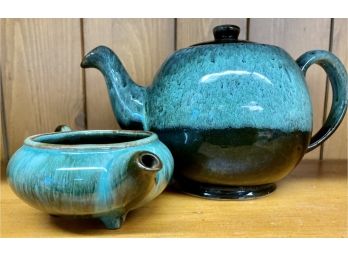 Blue Green Drip Glazed Tea Pot With Creamer Very Nice   CCC-- Canada Great Condition