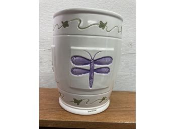 Hand Painted Large Ceramic Waste Basket With Dragon Flies And Green Leaves