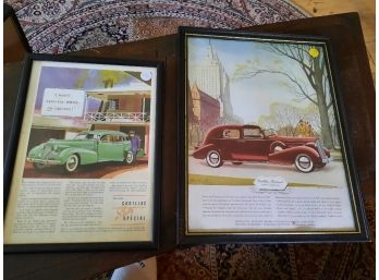 2 Vintage 1930's Cadillac Advertisements In Wood & Glass Frames