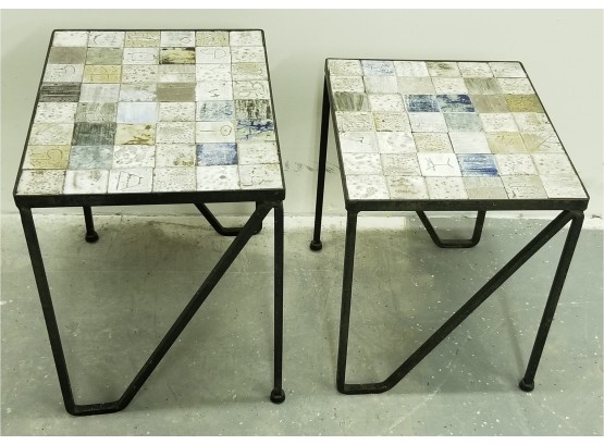 Two Metal Tile Top Nesting Outdoor Tables