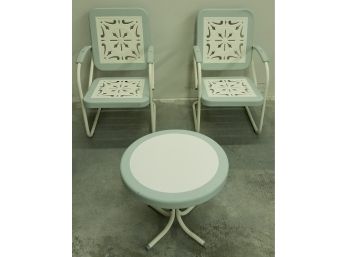 Two Vintage Metal Spring  Chairs And Table