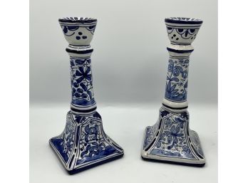 Tall Blue & White Candlesticks ~ Made In Portugal ~