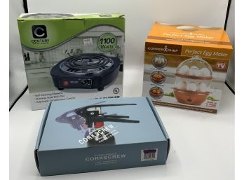Electric Single Burner, Cork Screw & Perfect Egg Maker - New In Boxes