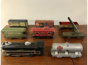 Vintage Lot Of 1950s Marx O Tin Litho Train Cars, Tracks, And Transformer