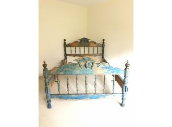 A Rustic Painted Wood Double Bed Frame