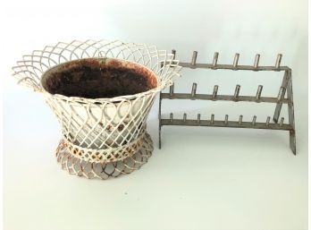 Antique Painted Metal Planter And Bottle Drying Rack