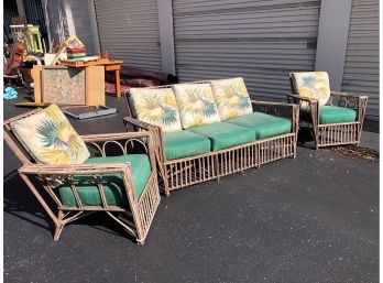 A Vintage Rattan Furniture Set - 65' Sofa And 2 Chairs