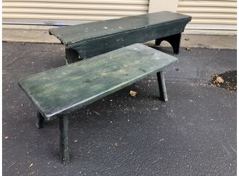 A Pair Of Rustic Painted Wood Benches - In Green
