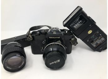 A Vintage Nikkormat EL 35mm With 2 Lenses, Flash And Auto Winder