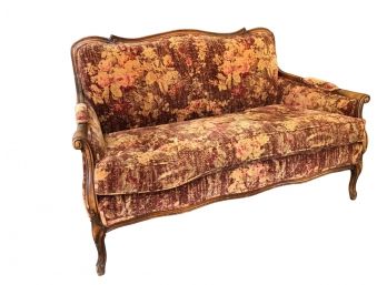 An Antique Wood Frame Love Seat Settee In Contemporary Velvet
