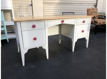 A White Maine Cottage Furniture Desk With Fuchsia Details And Maple Top