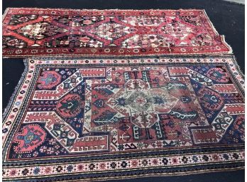 A Pair Of Antique Hand Knotted Wool Rugs - Worn And Wonderful 8x4, 9x3