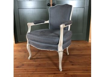 An Antique Fauteuil Upholstered In Blue Linen Painted In White And Blue