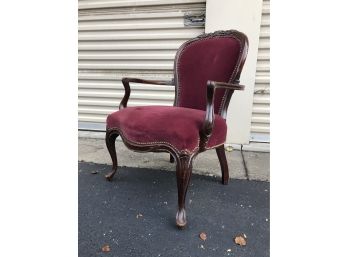 Antique Louis XV Style Carved Wood And Velvet Open Arm Chair