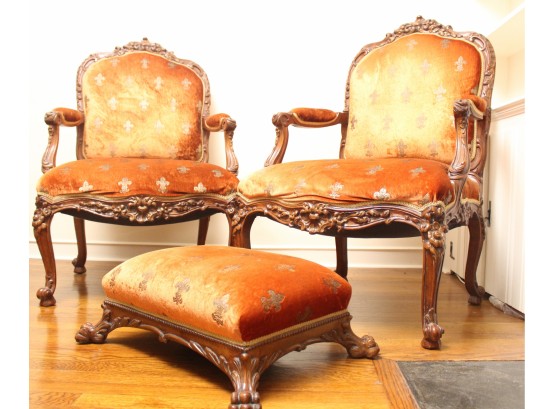 Pair Of Vintage Hand Carved Wooden Chairs And One Ottoman