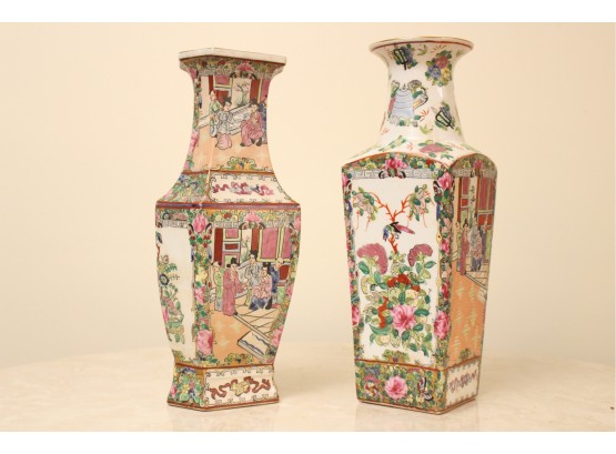 Two  Hand-painted Asian Art Porcelain Vintage Vases