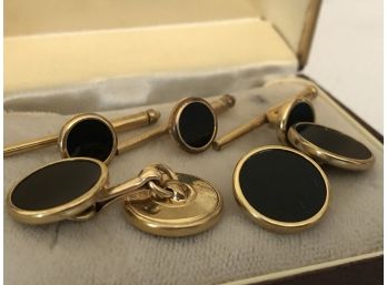 Krementz Gold Tone And Black Cuff Links With Leather Lidded Box