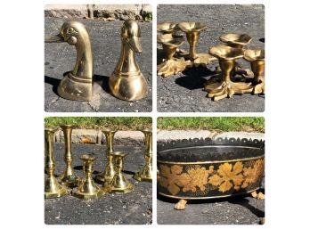 Lot Of Brass Items, Candlestick Holders, Bookends And Handpainted Bucket