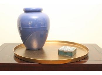 Crate And Barrel Gilt Tray, Bauerel Pottery Blue Vase And Hinged Trinket Box