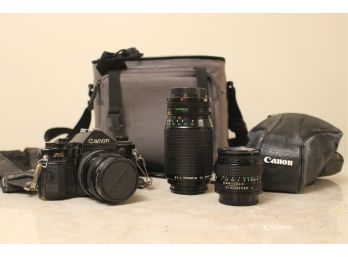 Vintage Canon Film Camera, Bag, And Case With Additional Lenses