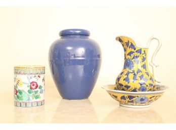 Three Decorative Ceramic Pieces Including One Bauer Pottery Vase