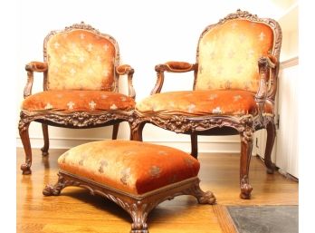 Pair Of Vintage Hand Carved Wooden Chairs And One Ottoman