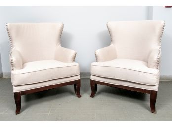 Pair Of Large Cream Linen Wide Wingback Armchairs