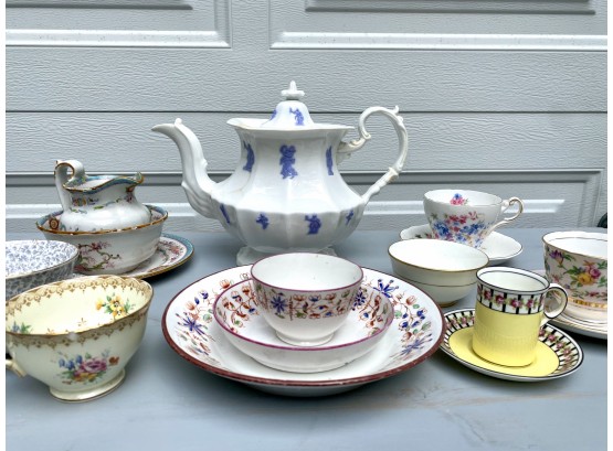 Collection Of Bone China Cups & Saucers, Early Wedgwood Teapot & Other China